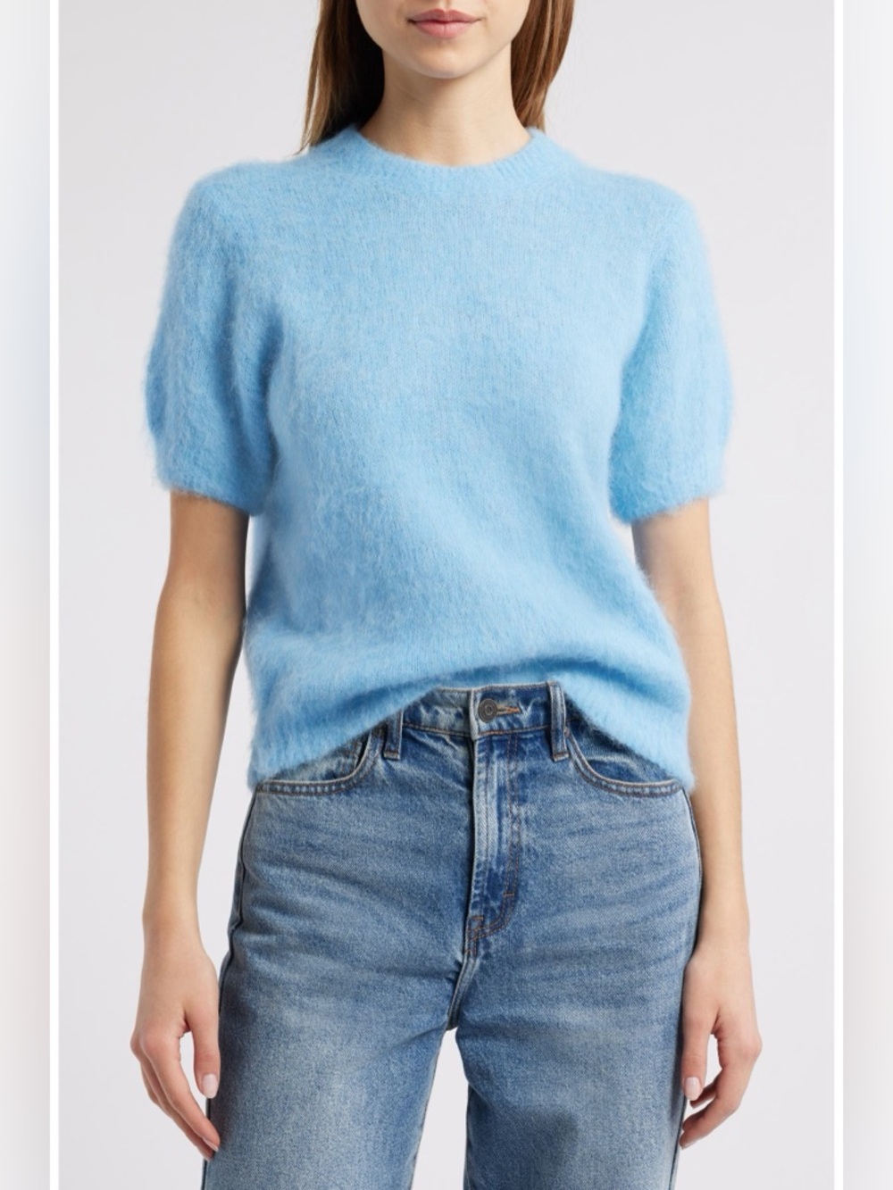 DÔEN Hearst Sweater Seashore Blue Fuzzy Alpaca Short Sleeve Knit XS